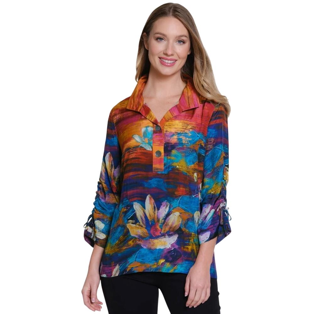 John Mark Woven Floral Painting Print Wire Collar 3/4 Cinch Sleeve Tunic Size 2X